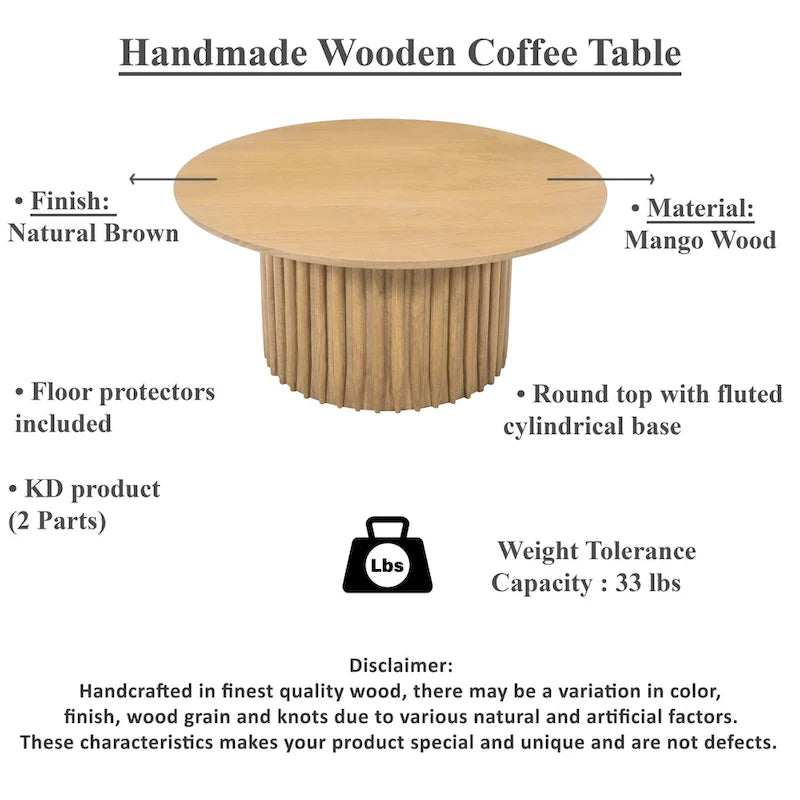 Table basse ronde en bois de manguier de 34 pouces avec base cannelée