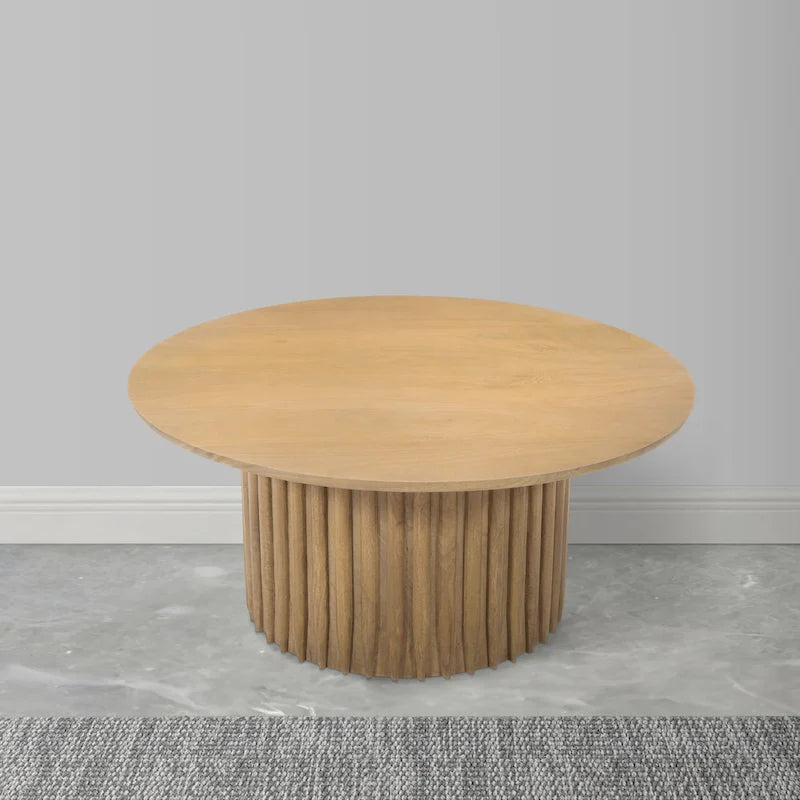 Table basse ronde en bois de manguier de 34 pouces avec base cannelée
