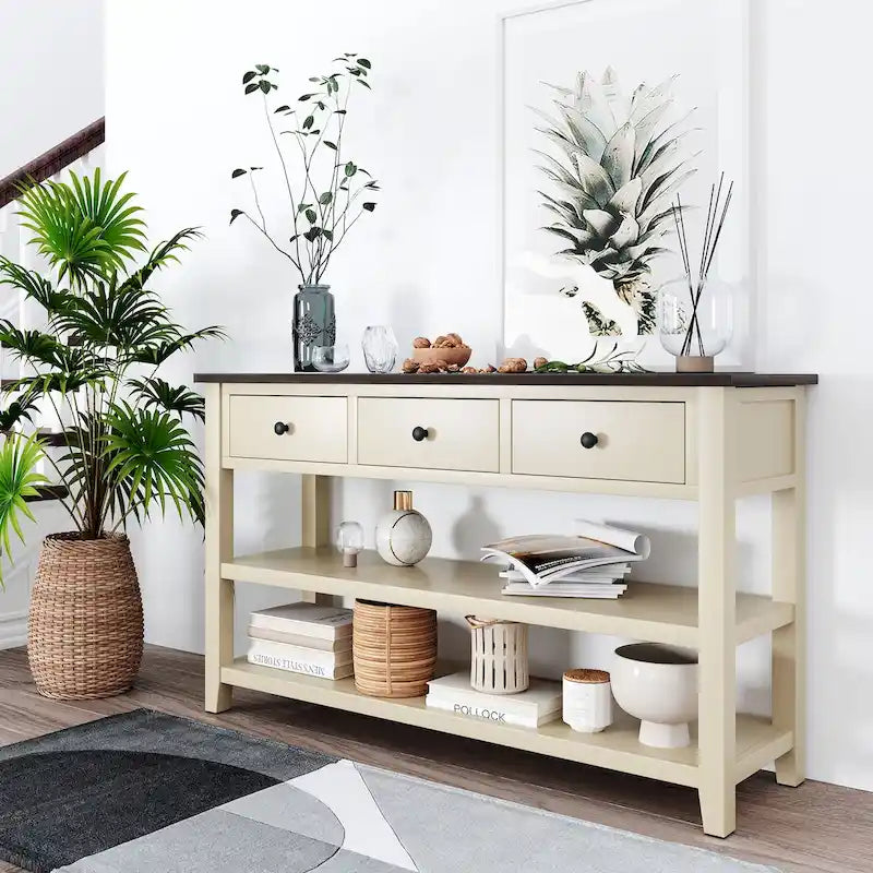 Console rétro avec deux étagères ouvertes, cadre et pieds en bois de pin massif pour salon