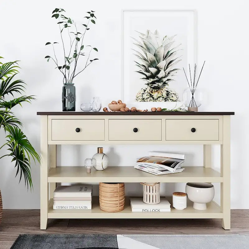 Console rétro avec deux étagères ouvertes, cadre et pieds en bois de pin massif pour salon