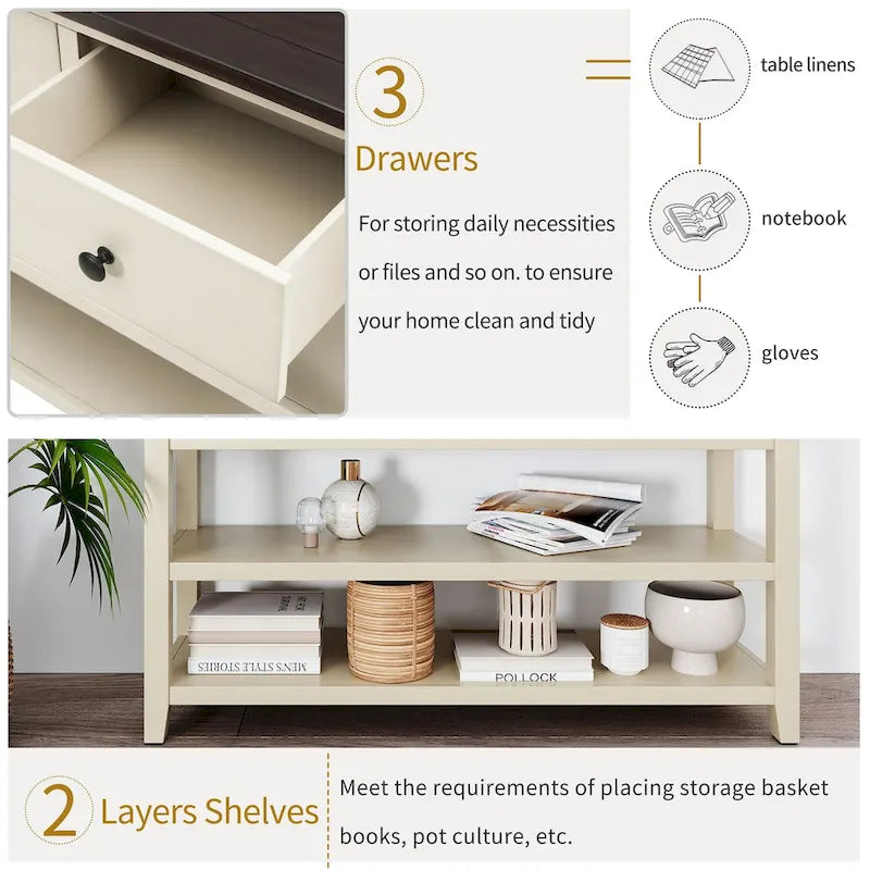 Console rétro avec deux étagères ouvertes, cadre et pieds en bois de pin massif pour salon