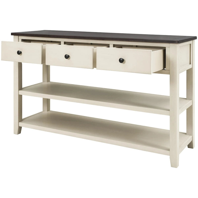 Console rétro avec deux étagères ouvertes, cadre et pieds en bois de pin massif pour salon