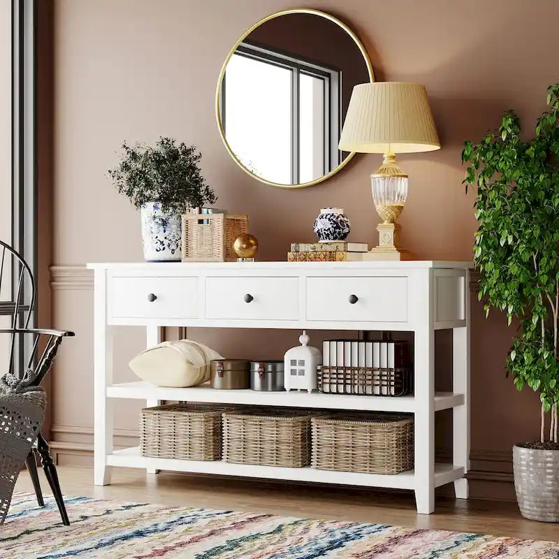 Console rétro avec deux étagères ouvertes, cadre et pieds en bois de pin massif pour salon