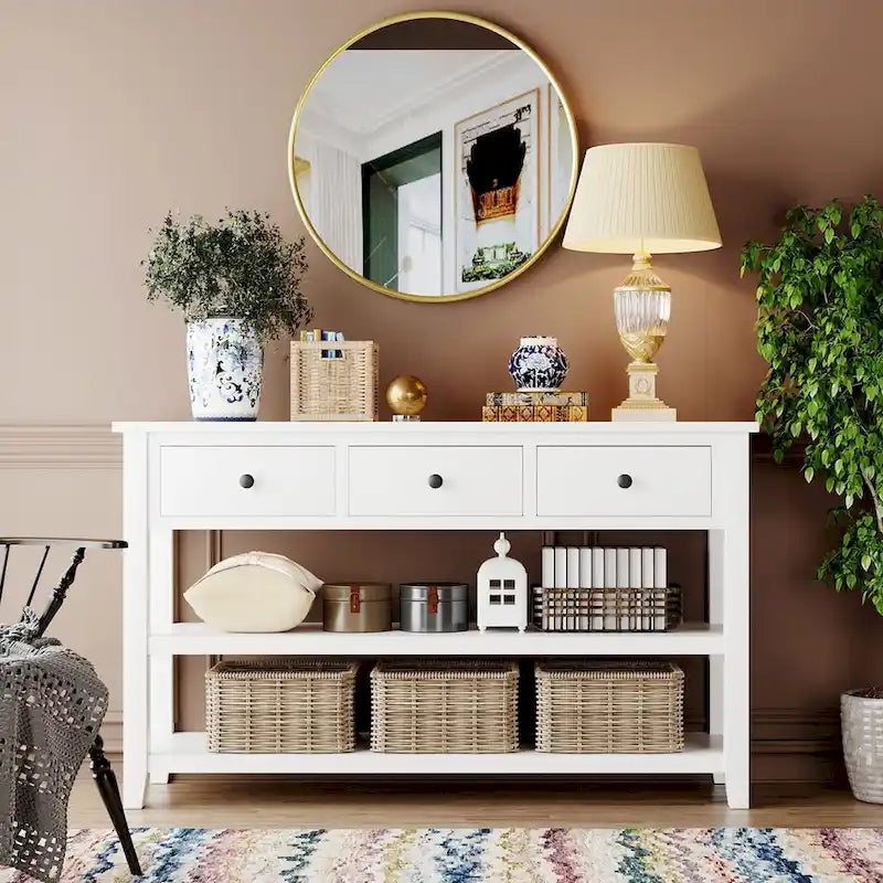 Console rétro avec deux étagères ouvertes, cadre et pieds en bois de pin massif pour salon