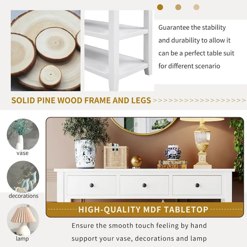 Console rétro avec deux étagères ouvertes, cadre et pieds en bois de pin massif pour salon