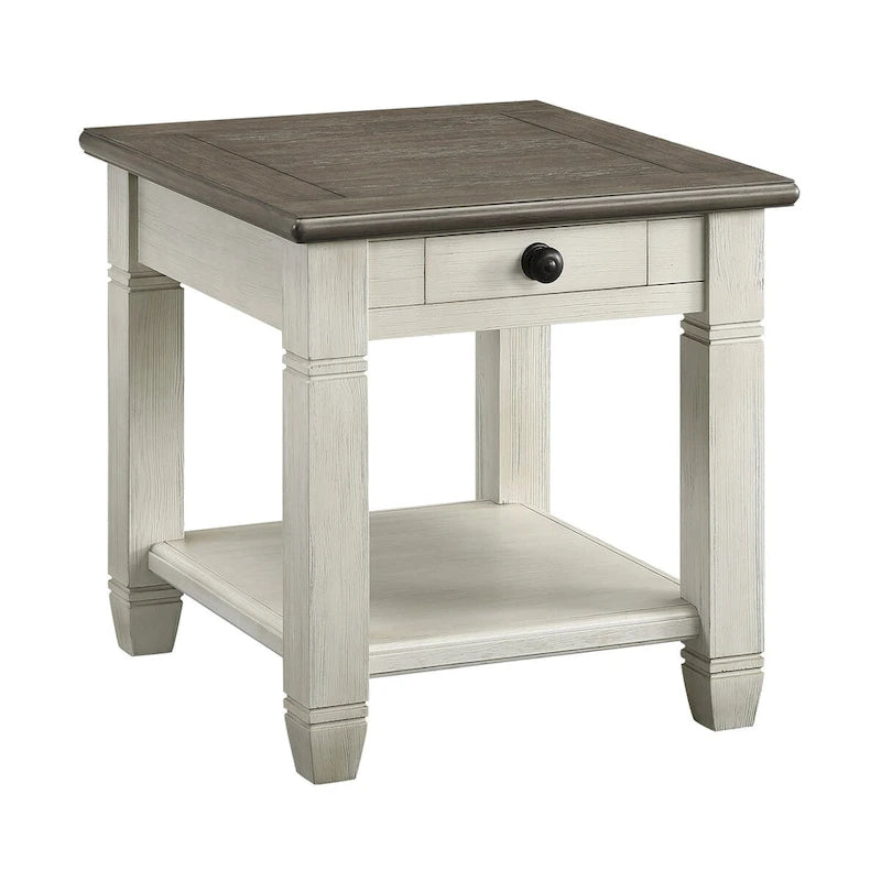 Table d'appoint de 26 pouces, carrée, 1 tiroir, marron, blanche, en bois massif