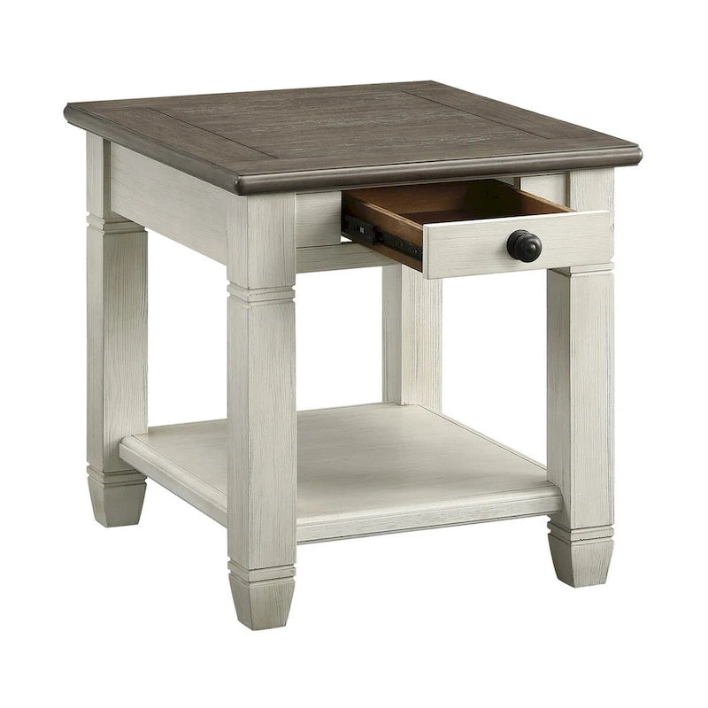 Table d'appoint de 26 pouces, carrée, 1 tiroir, marron, blanche, en bois massif