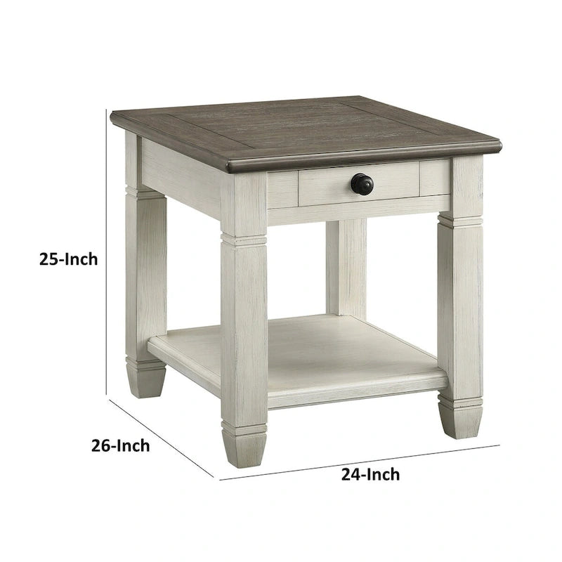 Table d'appoint de 26 pouces, carrée, 1 tiroir, marron, blanche, en bois massif