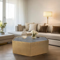 Table basse moderne hexagonale en bois doré avec plateau en verre