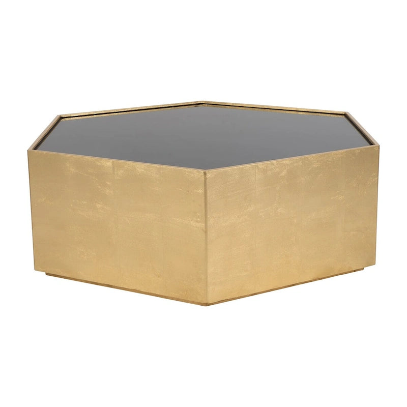 Table basse moderne hexagonale en bois doré avec plateau en verre