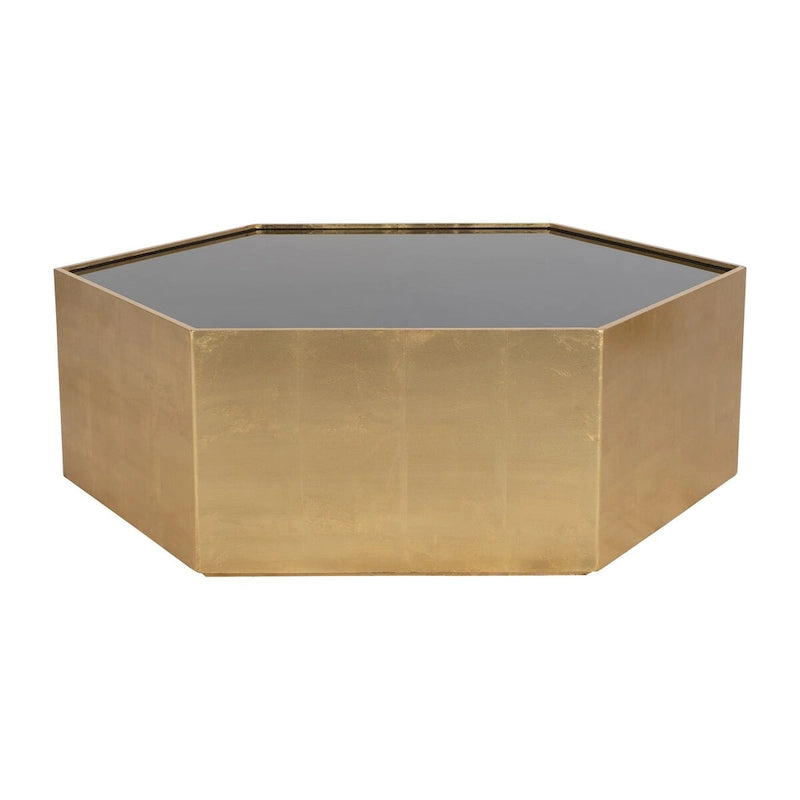 Table basse moderne hexagonale en bois doré avec plateau en verre