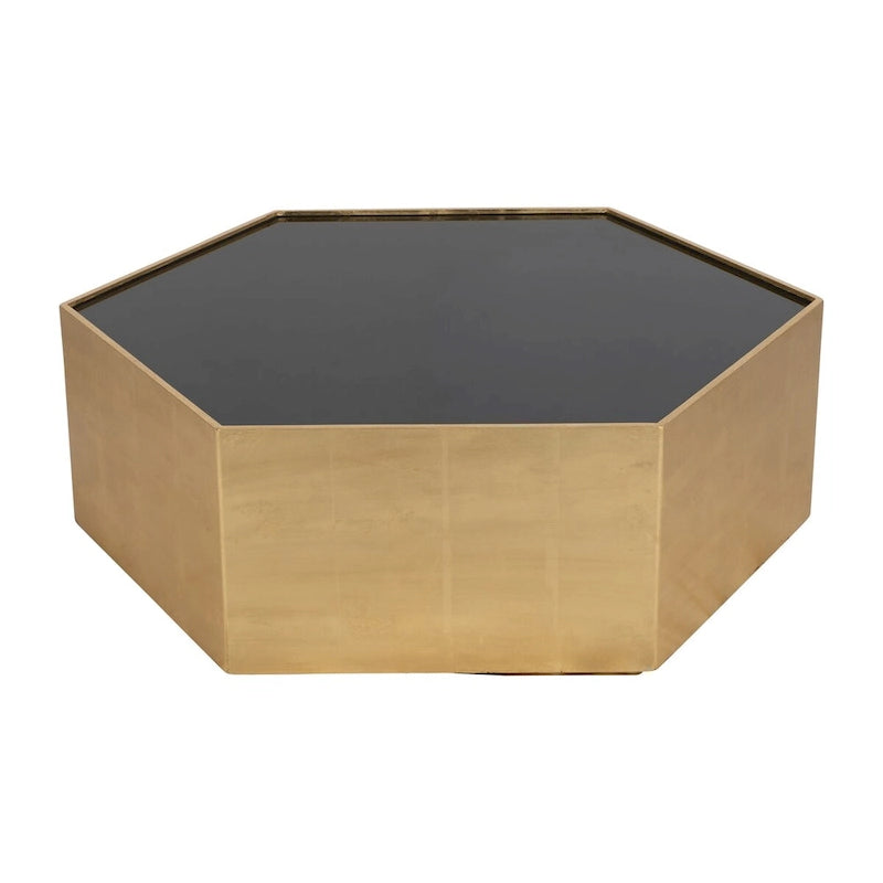 Table basse moderne hexagonale en bois doré avec plateau en verre