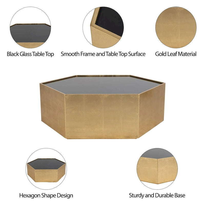 Table basse moderne hexagonale en bois doré avec plateau en verre