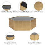 Table basse moderne hexagonale en bois doré avec plateau en verre