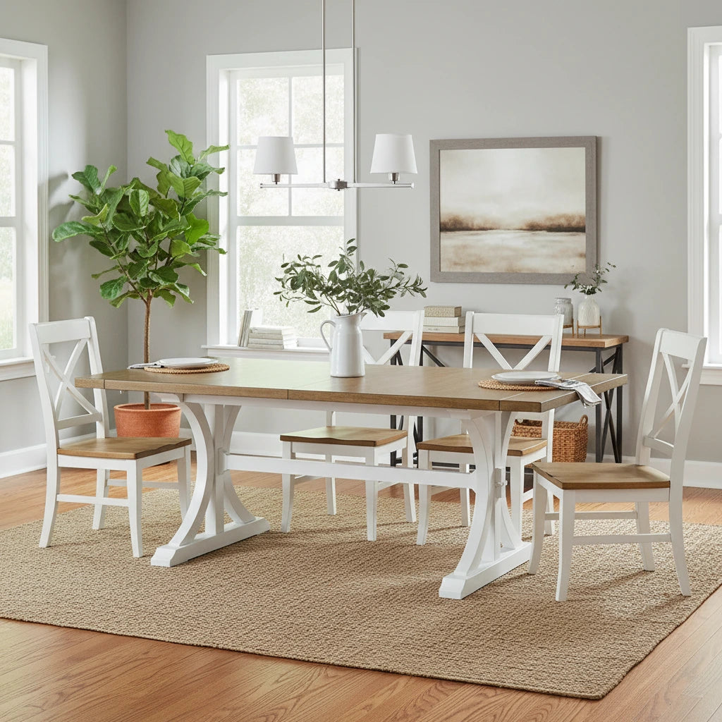 Modern Wood Rectangular Trestle Base Kitchen Dining Table, Brown - Large